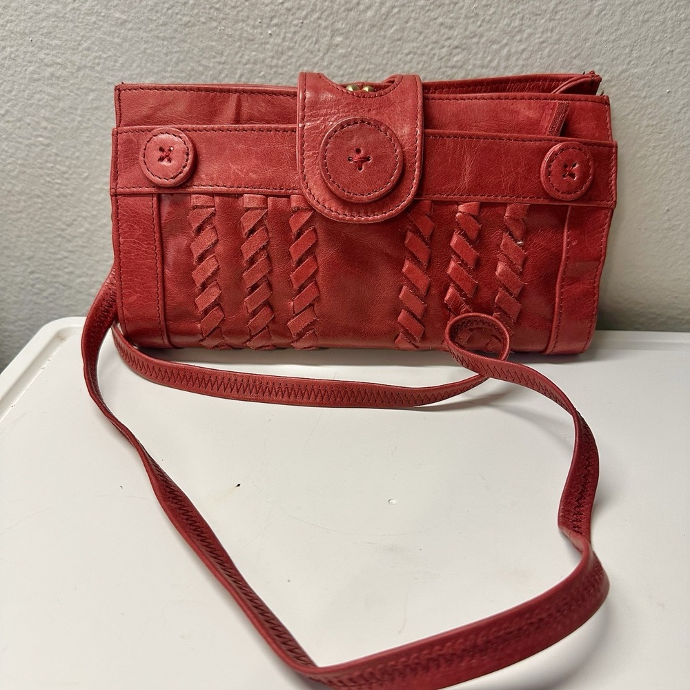 Jesslyn Blake Red Leather Crossbody Wallet Clutch Purse Kiss Lock Woven CLEAN!